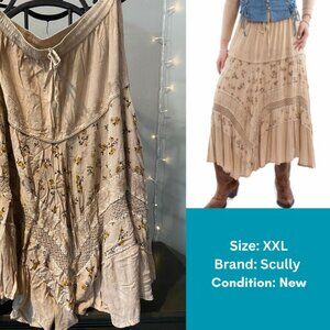 Sz XXL Scully Tan Brown Floral Panel Midi Skirt - Excellent Condition!